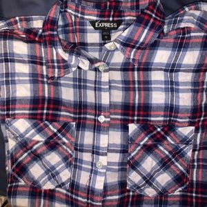 Red, white, and blue plaid Express shirt.